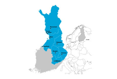 Kartta Itä- ja Pohjois-Suomesta: Lappi, Pohjois-Pohjanmaa, Kainuu, Keskipohjanmaa, Pohjois-Savo, Etelä-Savo ja Pohjois-Karjala