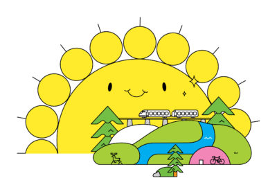 Lapin liiton kuvituskuva: aurinko, maisema, junarata, joki, puita, polkupyörä