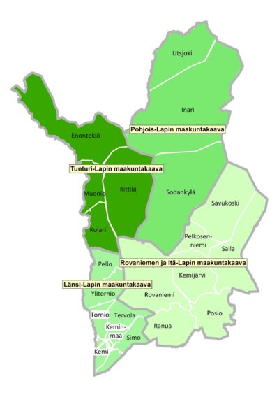 Lapin maakuntakaavojen neljä aluetta ja kuntarajat Lapin kartalla.